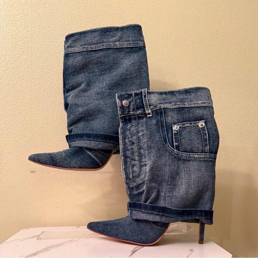 Azalea Wang Reeves Denim Boot Stilettos, Size 7, EUC - Picture 2 of 13